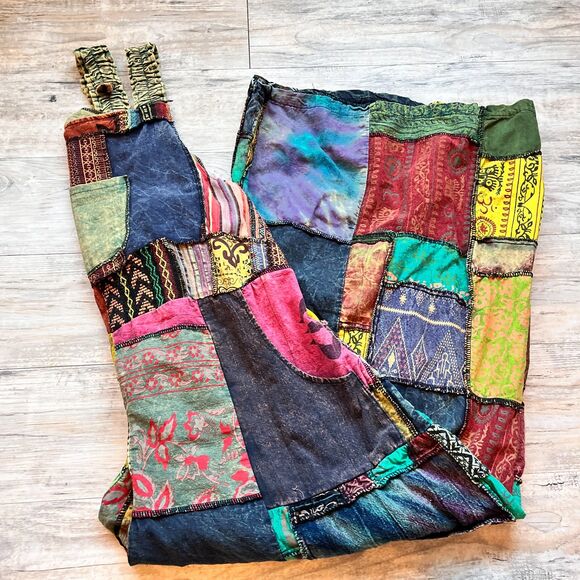 Kathmandu Imports Pants - Kathmandu Imports Patchwork Overalls Womens Medium Boho Dungarees Bright
